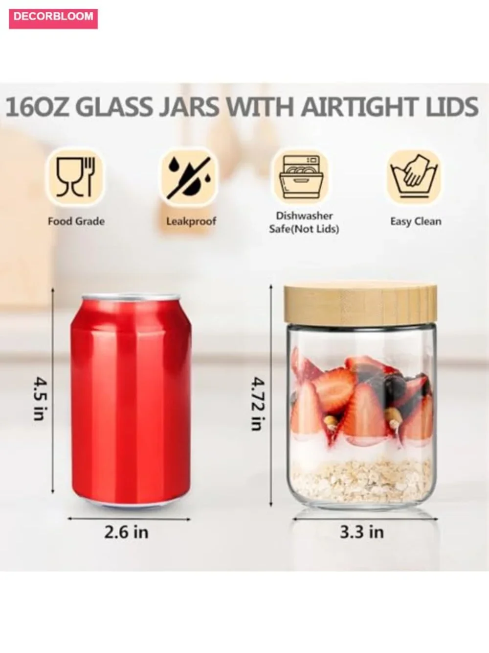 12 Pack 16oz Glass Jars with Bamboo Lids & Spoons, Airtight Overnight Oats